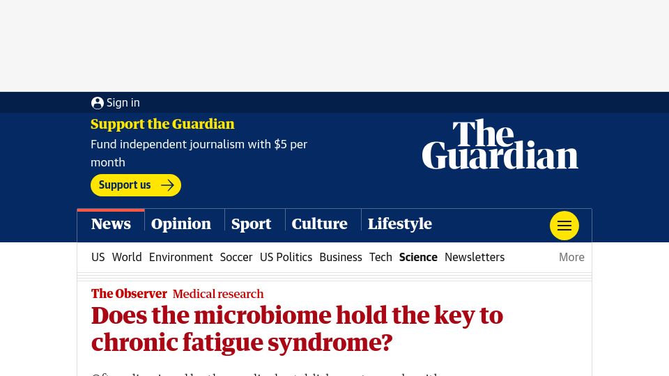 Screenshot of theguardian.com: Does the microbiome hold the key to chronic fatigue syndrome?