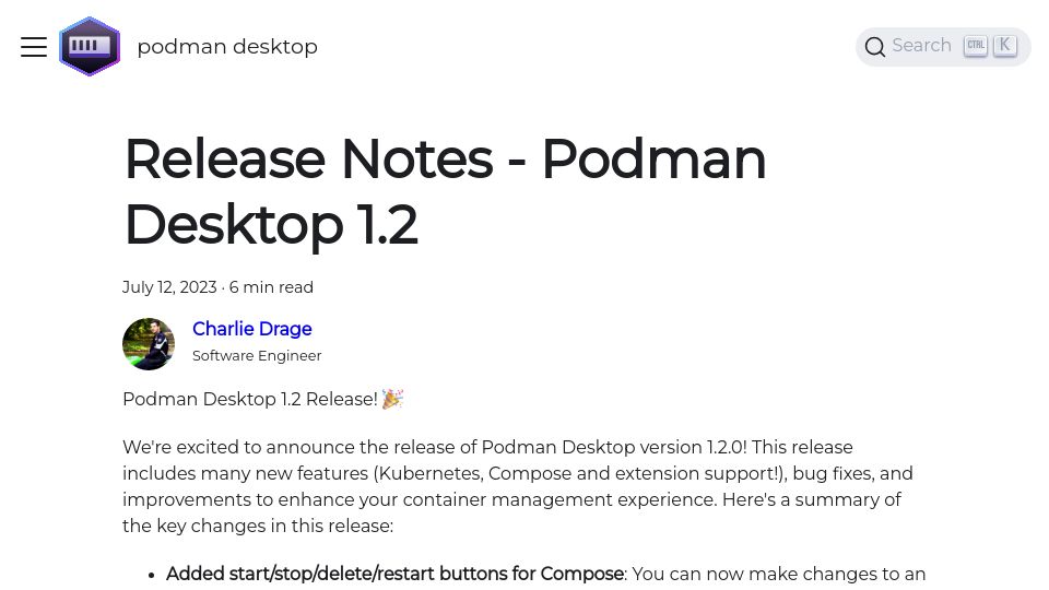 Screenshot of podman-desktop.io: Podman Desktop 1.2 Released: Compose and Kubernetes Support