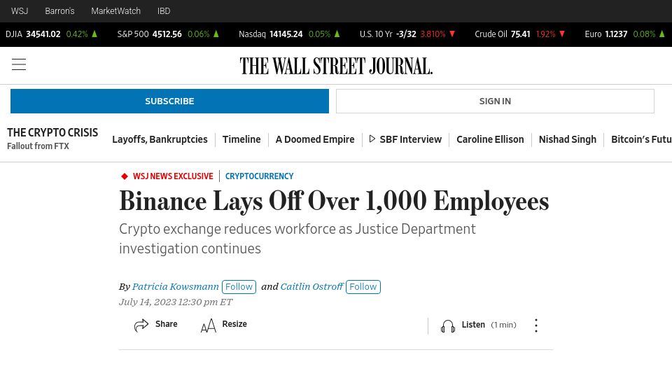 Screenshot of wsj.com: Binance lays off over 1k Employees