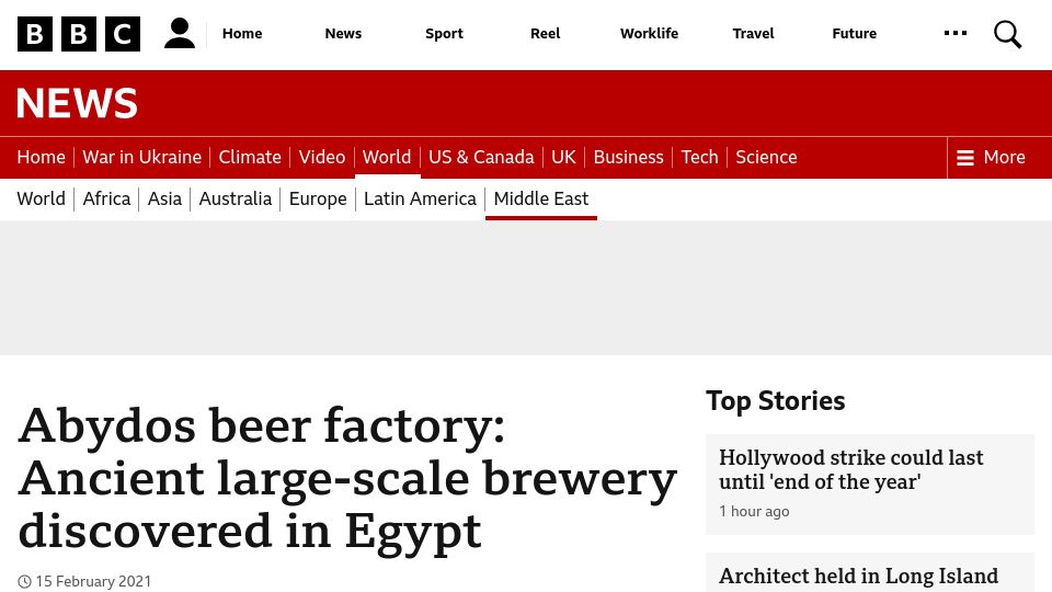 Screenshot of bbc.com: Abydos beer factory: Ancient large-scale brewery discovered in Egypt (2021)