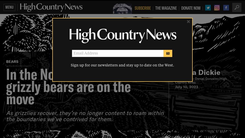 Screenshot of hcn.org: In the Northern Rockies, grizzly bears are on the move