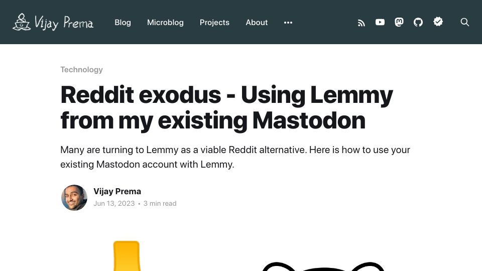 Screenshot of vijayprema.com: Using Lemmy from my existing Mastodon