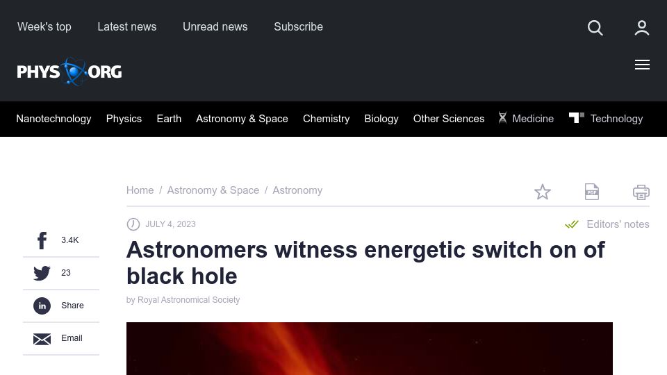 Screenshot of phys.org: Astronomers witness energetic switch on of black hole