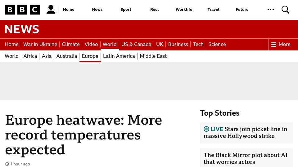 Screenshot of bbc.co.uk: Southern Europe in extreme heat, with Greece seeing temperatures of 40C or more