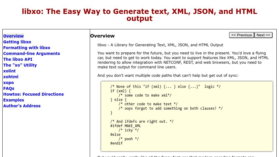 Screenshot of juniper.github.io: Libxo: Easy way to generate text, XML, JSON, and HTML