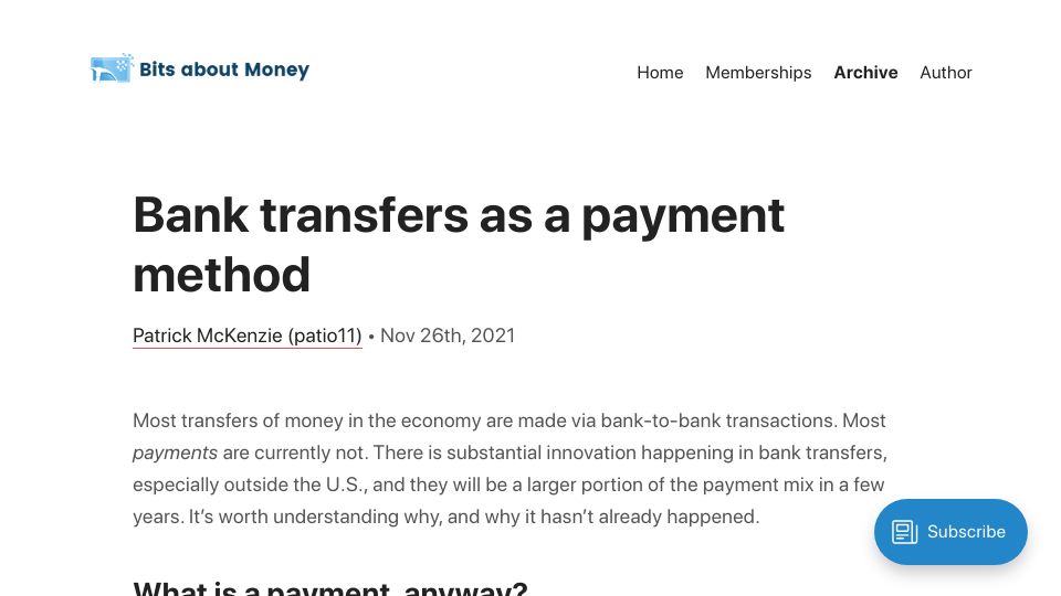 Screenshot of bitsaboutmoney.com: Bank transfers as a payment method (2021)