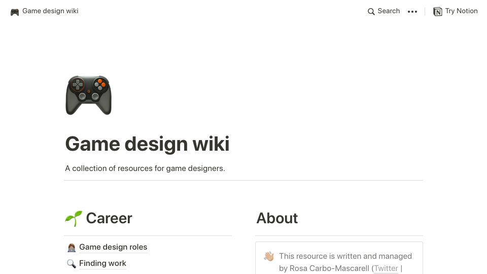 Screenshot of rosacarbo.notion.site: Game design wiki