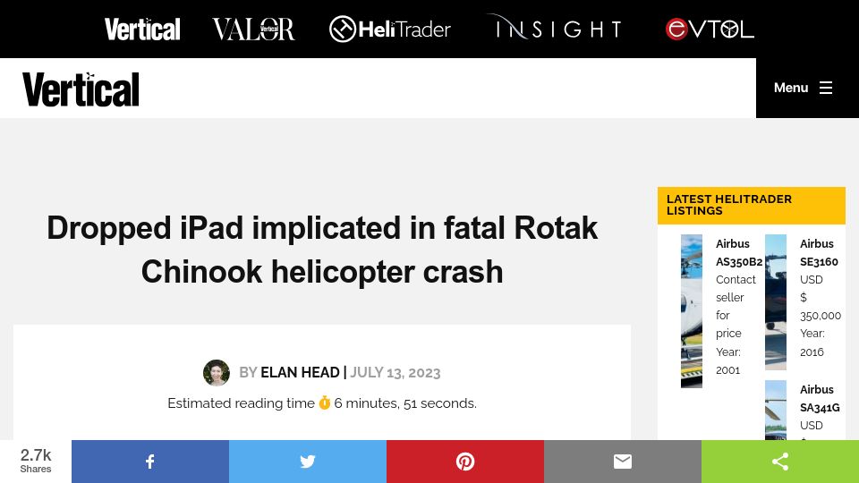 Screenshot of verticalmag.com: Dropped iPad implicated in fatal Rotak Chinook helicopter crash