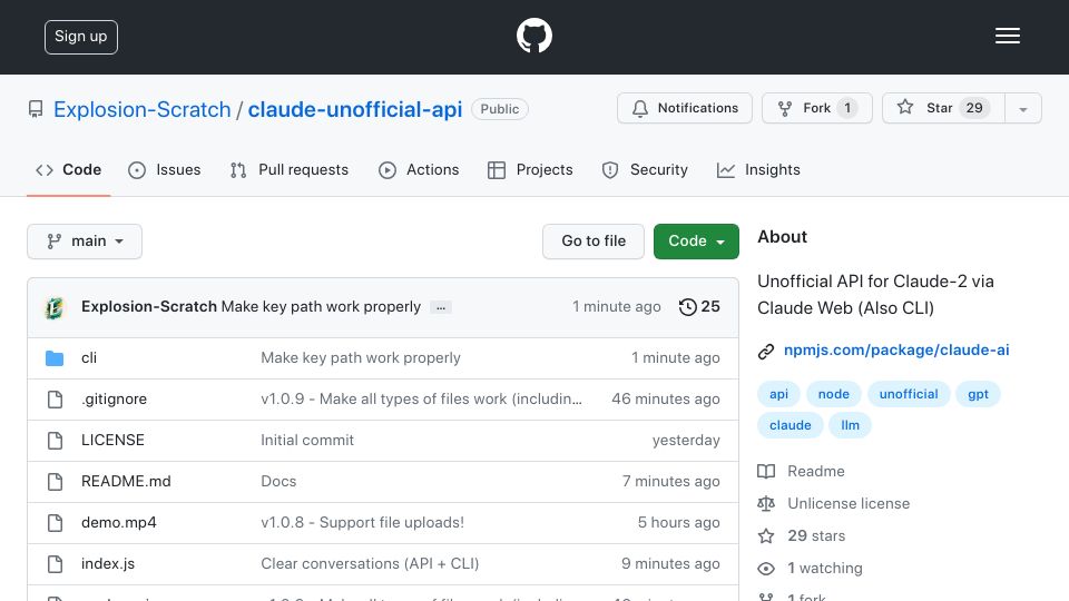 Screenshot of github.com: Claude 2 Internal API Client and CLI