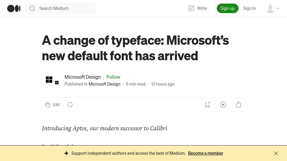 Screenshot of medium.com: Aptos, our modern successor to Calibri