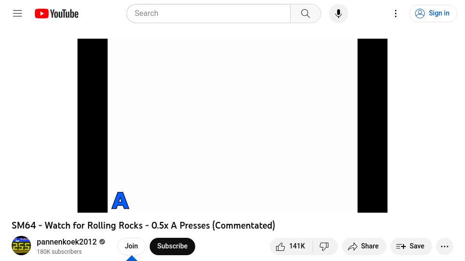 Screenshot of youtube.com: Super Mario 64 – Watch for Rolling Rocks – 0.5x a Presses [video]