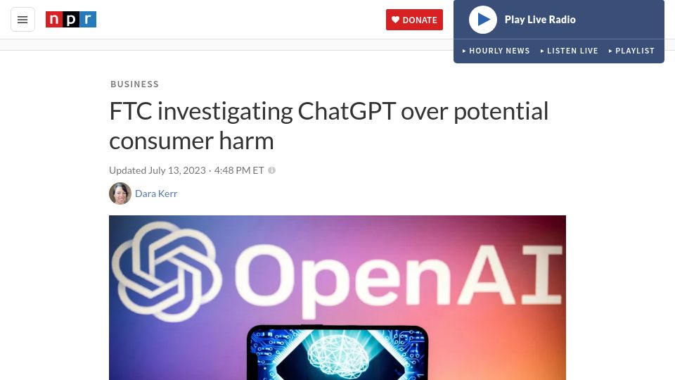 Screenshot of npr.org: FTC investigating ChatGPT over potential consumer harm