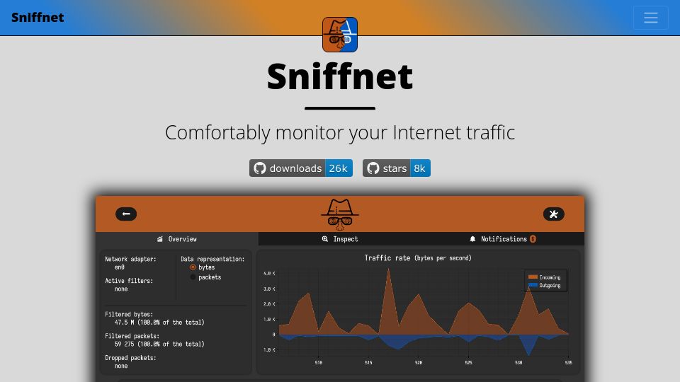 Screenshot of sniffnet.net: Sniffnet – Comfortably monitor your internet traffic (like Wireshark)