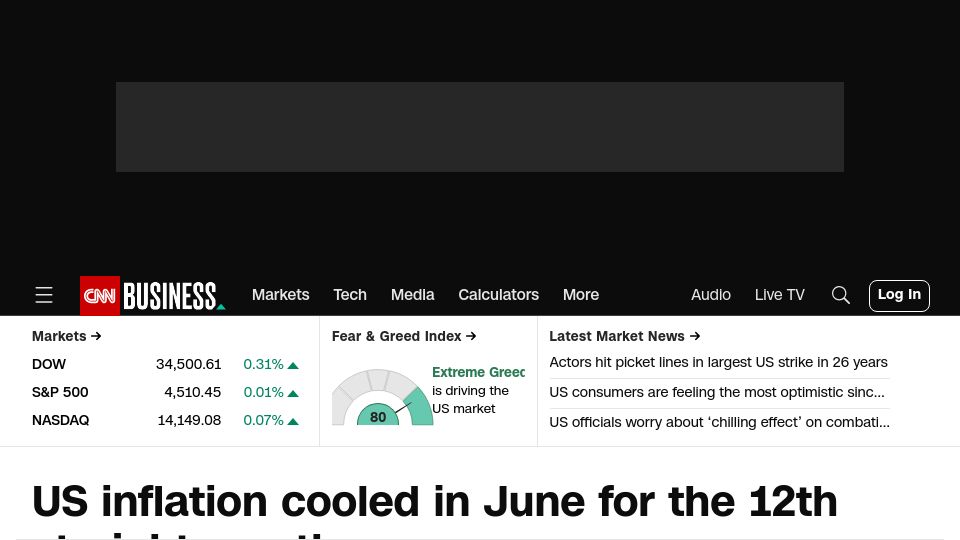 Screenshot of cnn.com: US inflation cooled in June for the 12th straight month
