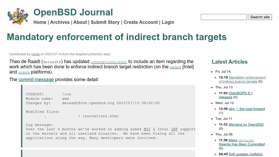 Screenshot of undeadly.org: Mandatory enforcement of indirect branch targets