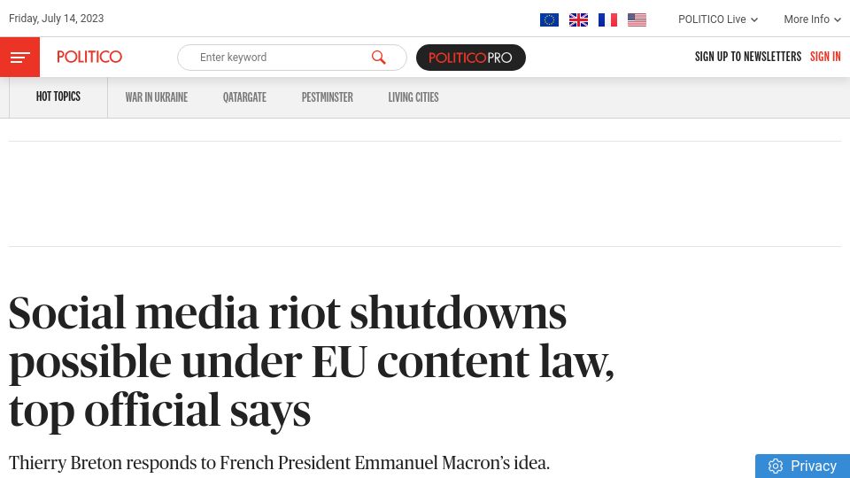 Screenshot of politico.eu: Social media riot shutdowns possible under EU content law, top official says