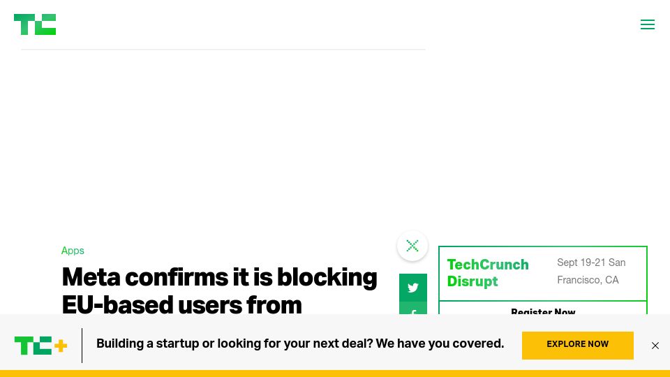 Screenshot of techcrunch.com: Meta is blocking EU-based users from accessing Threads via VPN