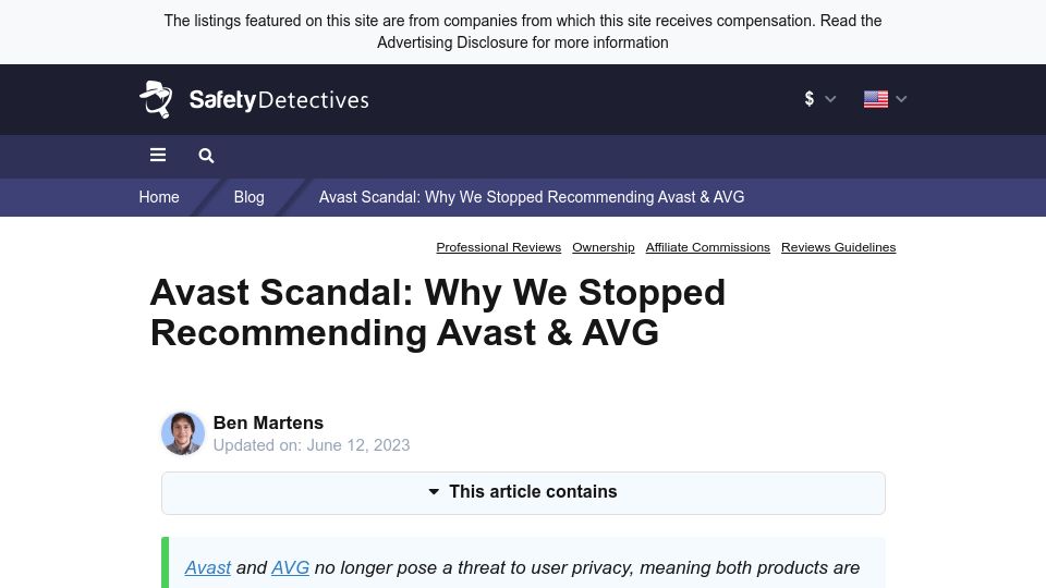 Screenshot of safetydetectives.com: Avast Scandal: Why We Stopped Recommending Avast and AVG