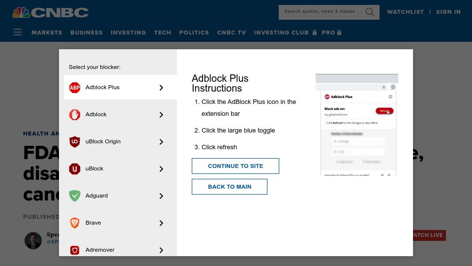 Screenshot of cnbc.com: FDA says aspartame is safe, disagreeing with WHO finding