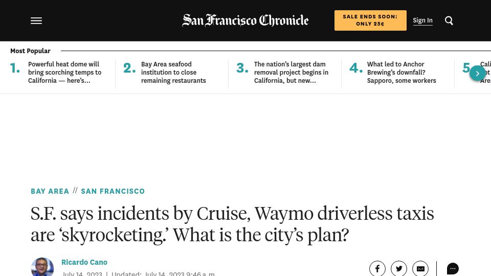 Screenshot of sfchronicle.com: S.F. says incidents by Cruise, Waymo driverless taxis are ‘skyrocketing.’