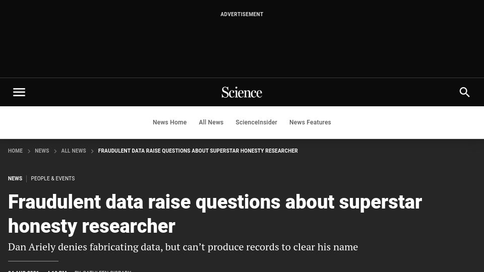 Screenshot of science.org: Fraudulent data raise questions about superstar honesty researcher (2021)