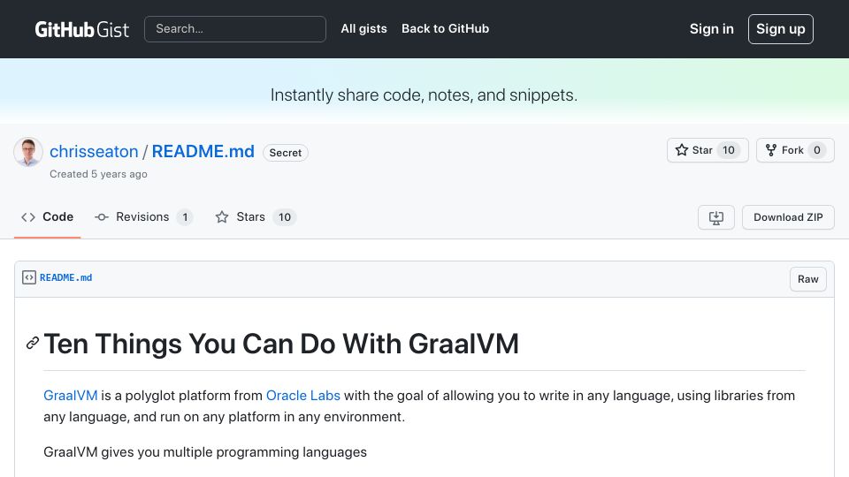 Screenshot of gist.github.com: Ten Things You Can Do with GraalVM (2018)
