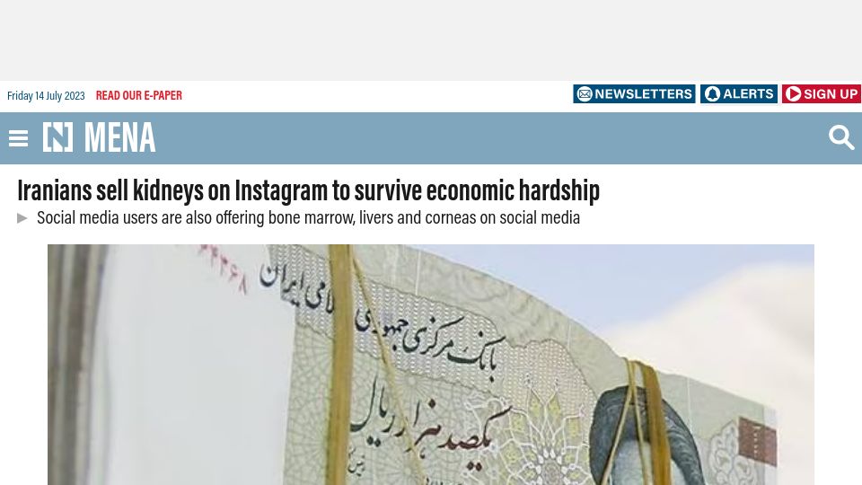 Screenshot of thenationalnews.com: Iranians sell kidneys on Instagram to survive economic hardship