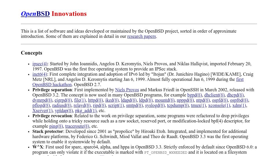 Screenshot of openbsd.org: OpenBSD Innovations
