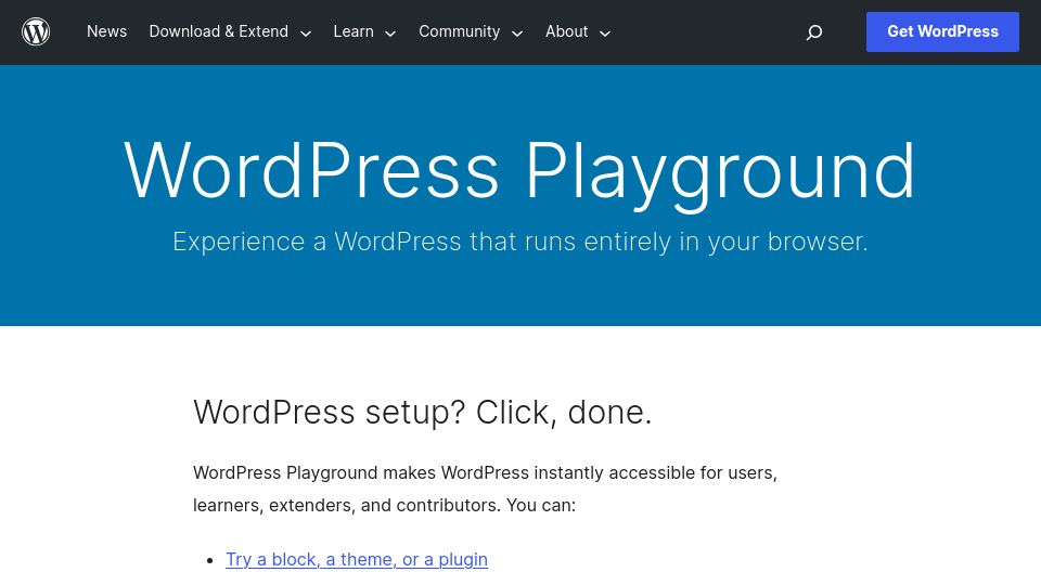 Screenshot of developer.wordpress.org: WordPress Playground: A WordPress that runs entirely in the browser