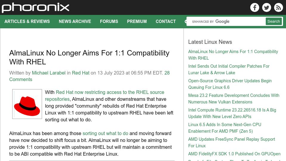 Screenshot of phoronix.com: AlmaLinux No Longer Aims for 1:1 Compatibility with RHEL
