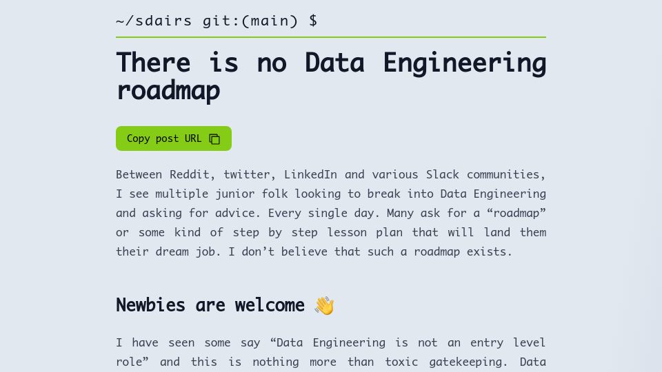 Screenshot of alasdairb.com: There is no data engineering roadmap
