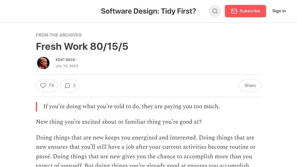 Screenshot of tidyfirst.substack.com: Keep work fresh by teaching your successors and investing a bit in long-shots