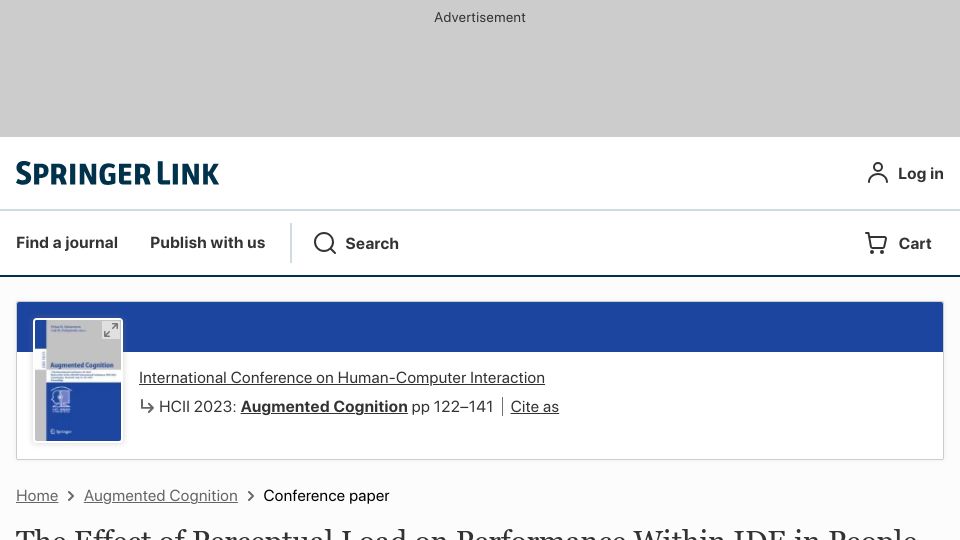 Screenshot of link.springer.com: Effect of perceptual load on performance within IDE in people with ADHD symptoms