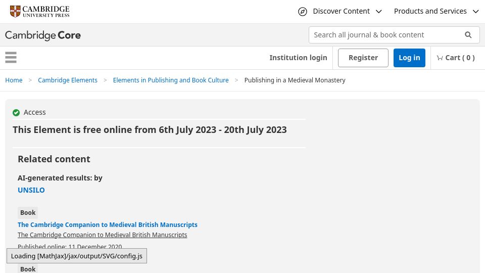 Screenshot of cambridge.org: Publishing in a Medieval Monastery
