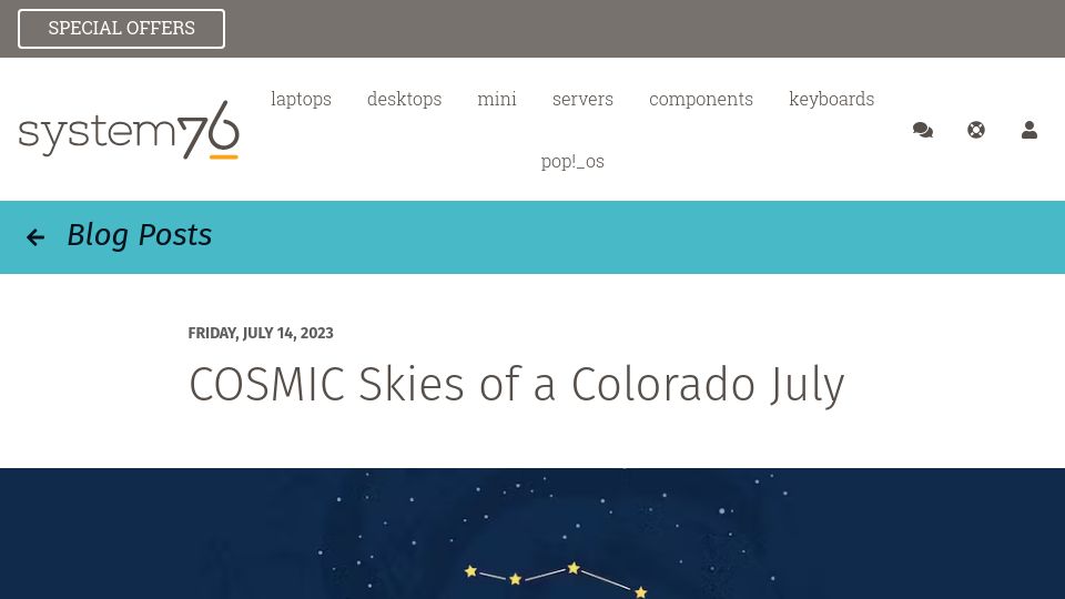 Screenshot of blog.system76.com: COSMIC DE: Desktop environment created for Pop!_OS and other Linux distros
