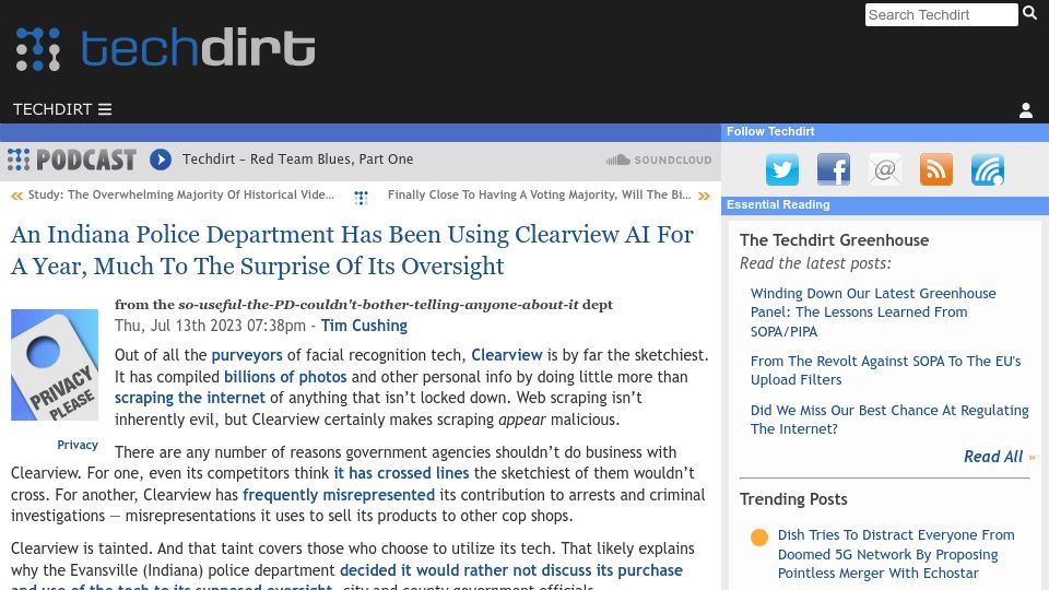Screenshot of techdirt.com: An Indiana police department has been using Clearview AI for a year