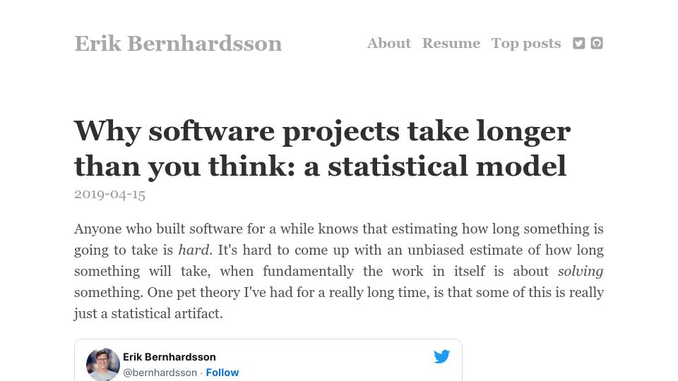 Screenshot of erikbern.com: Why software projects take longer than you think: a statistical model (2019)
