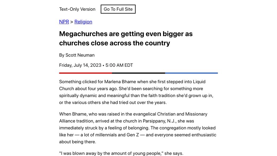 Screenshot of text.npr.org: Megachurches are getting even bigger as churches close across the country