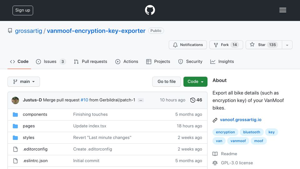 Screenshot of github.com: VanMoof encryption key exporter