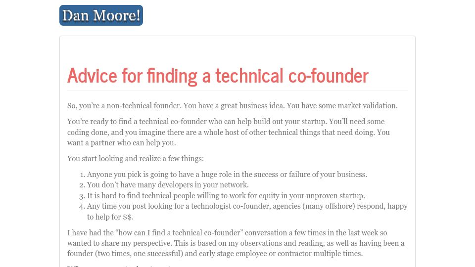 Screenshot of mooreds.com: Advice for finding a technical co-founder (2021)