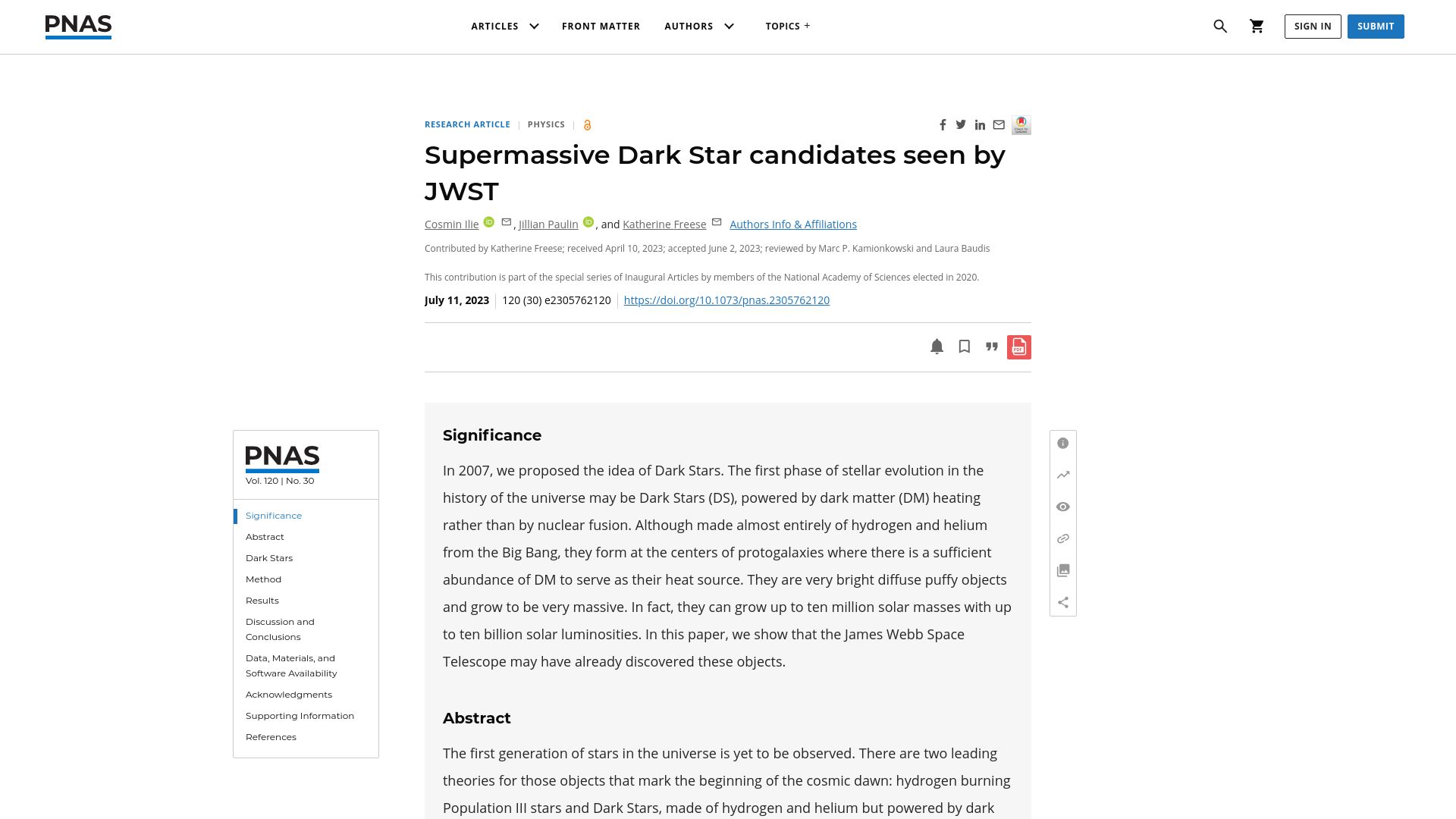 Screenshot of pnas.org: Supermassive Dark Star candidates seen by JWST