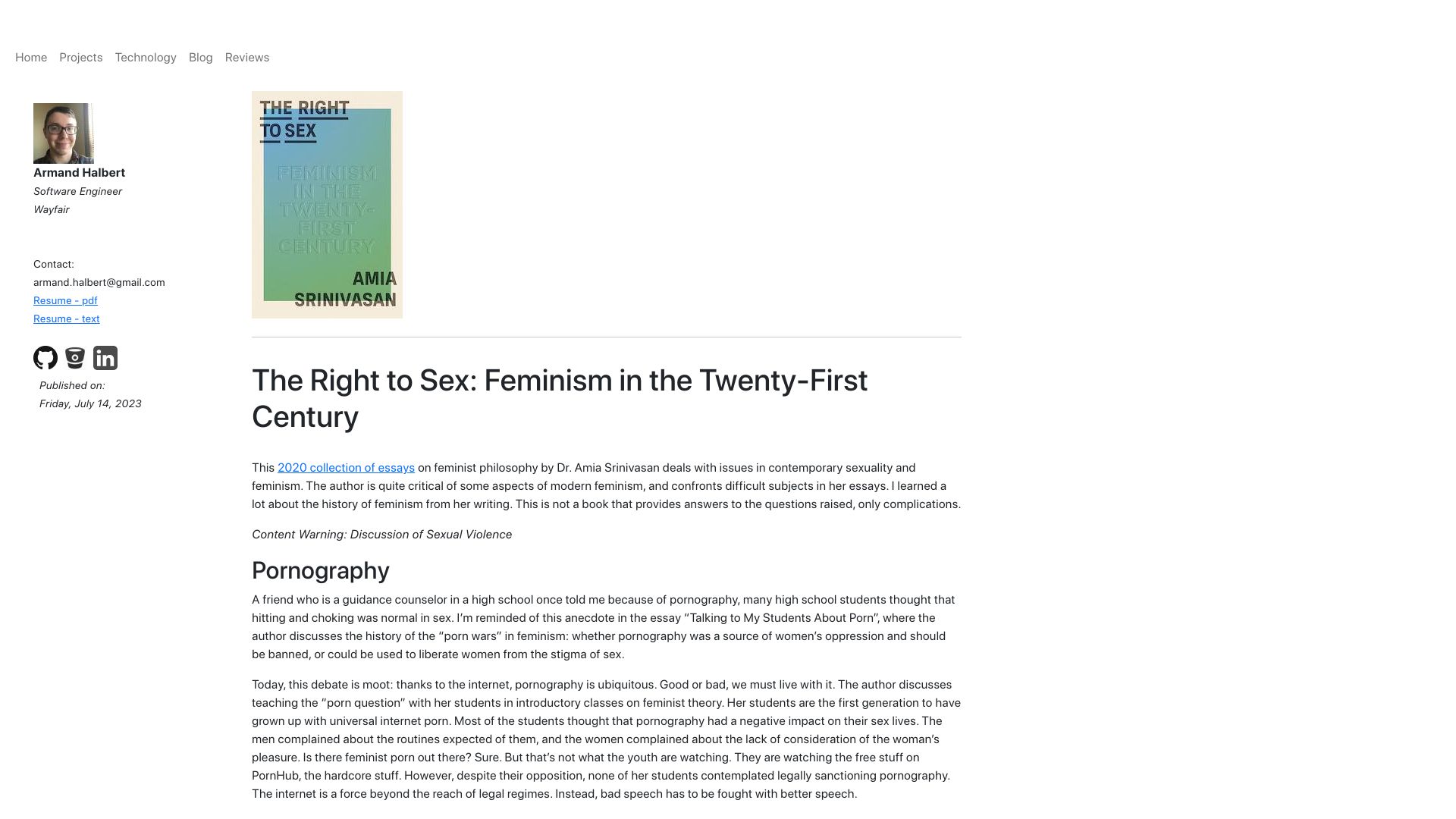 Screenshot of ahalbert.com: The Right to Sex: Feminism in the Twenty-First Century