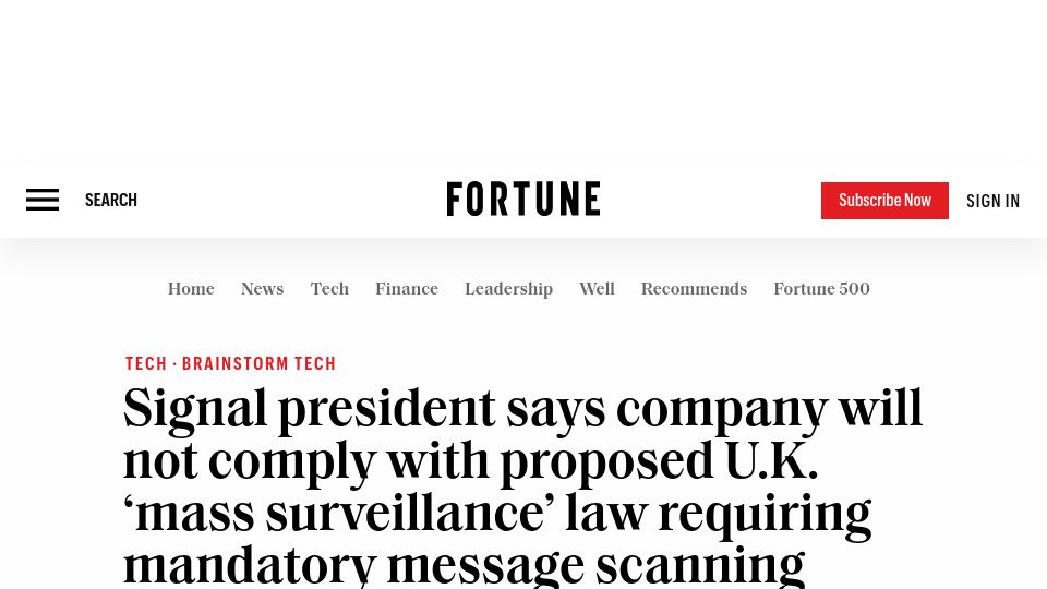 Screenshot of fortune.com: Signal president says company will not comply with U.K. ‘mass surveillance’ law