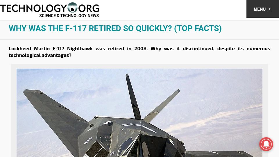 Screenshot of technology.org: Why was the F-117 retired so quickly?
