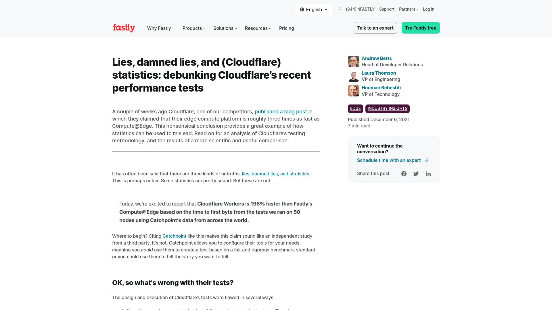 Screenshot of fastly.com: Debunking Cloudflare’s recent performance tests (2021)