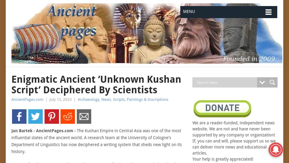 Screenshot of ancientpages.com: Enigmatic Ancient ‘Unknown Kushan Script’ 60% Deciphered by Scientists