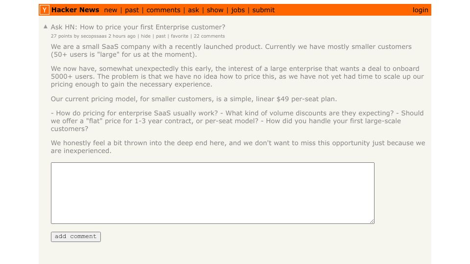 Screenshot of Hacker News post: Ask HN: How to price your first enterprise customer?