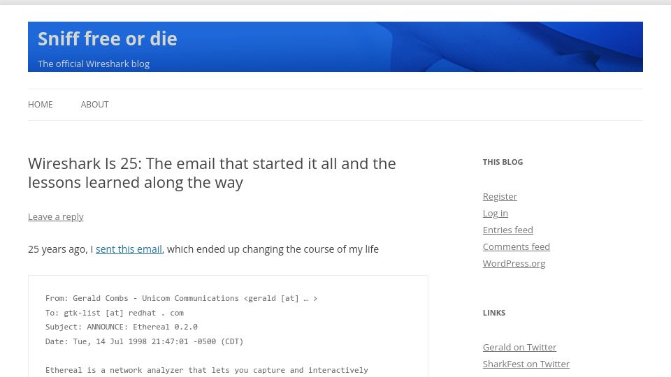 Screenshot of blog.wireshark.org: Wireshark Is 25: The email that started it all and lessons learned along the way