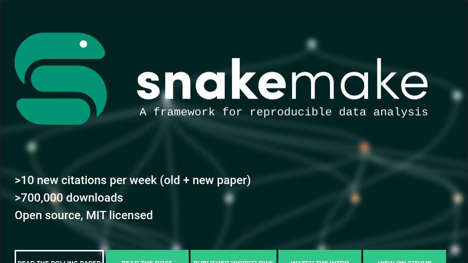 Screenshot of snakemake.github.io: Snakemake – A framework for reproducible data analysis