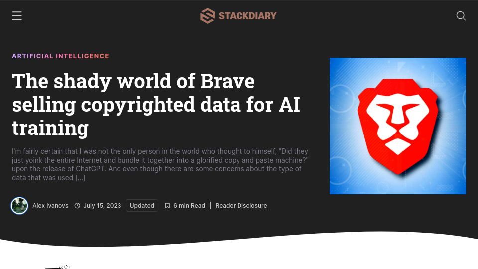 Screenshot of stackdiary.com: The shady world of Brave selling copyrighted data for AI training